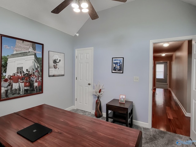 office space with ceiling fan and high vaulted ceiling