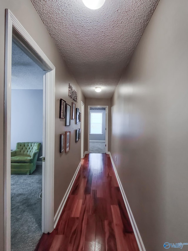 corridor with dark hardwood / wood-style flooring and a textured ceiling