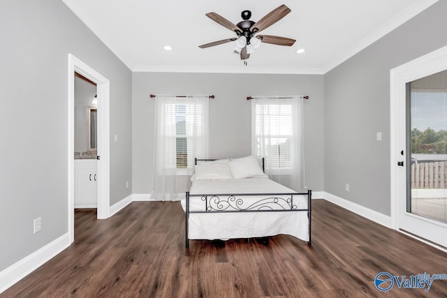 bedroom featuring access to exterior, ornamental molding, wood finished floors, and baseboards