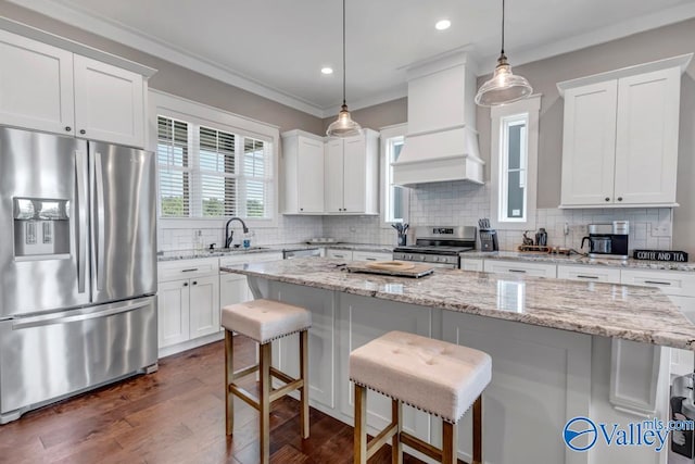 kitchen featuring tasteful backsplash, premium range hood, appliances with stainless steel finishes, and dark wood-type flooring