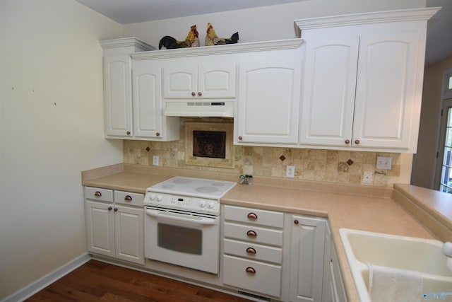 kitchen with white cabinets, white range with electric cooktop, dark hardwood / wood-style floors, and custom exhaust hood