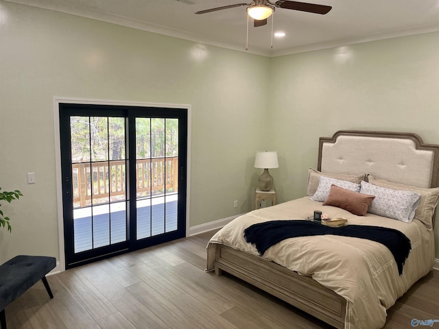 347 Rustic Trce, Grant, AL 35747 - bedroom featuring access to exterior, baseboards, wood finished floors, ornamental molding, and ceiling fan