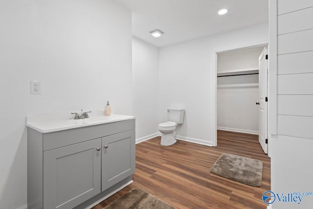 bathroom featuring toilet, vanity, and wood-type flooring