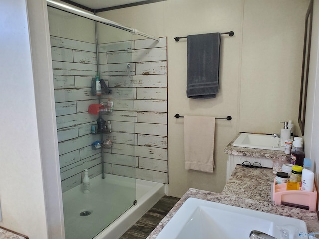 bathroom with a shower stall and vanity