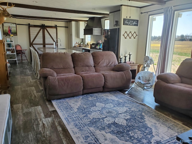 living area featuring dark wood-style floors, beam ceiling, and a barn door