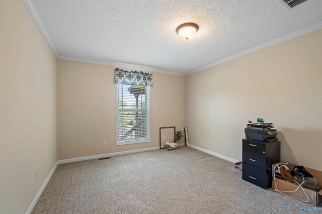 interior space featuring ornamental molding, a textured ceiling, and light colored carpet