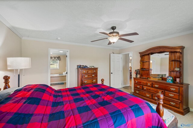 bedroom with ensuite bathroom, crown molding, a textured ceiling, and ceiling fan