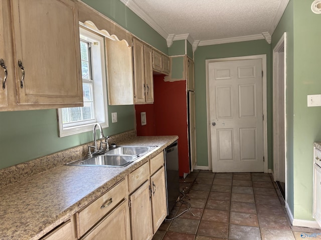 162 Forest Chapel Rd, Hartselle, AL 35640 - kitchen with dishwasher, crown molding, a textured ceiling, light brown cabinets, and light countertops