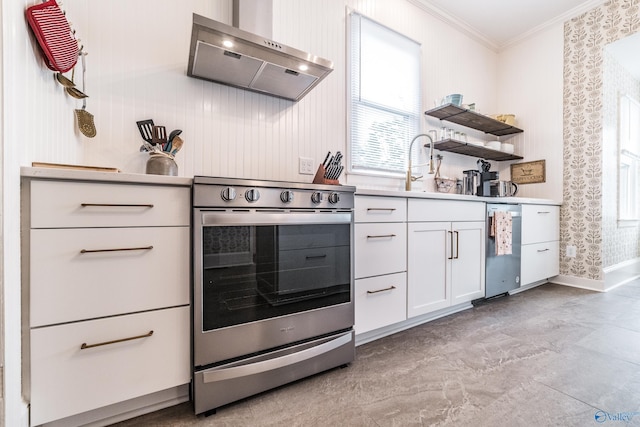 kitchen featuring ornamental molding, a sink, stainless steel electric stove, white cabinets, and wall chimney range hood