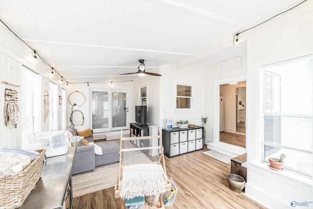 living room with track lighting, ceiling fan, and light hardwood / wood-style floors