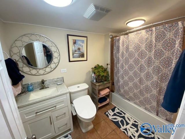 bathroom with shower / tub combo with curtain, visible vents, toilet, vanity, and tile patterned floors