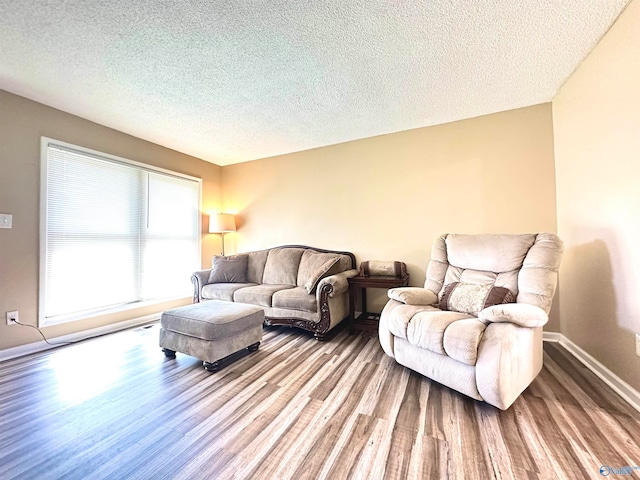 living room with hardwood / wood-style floors and a textured ceiling