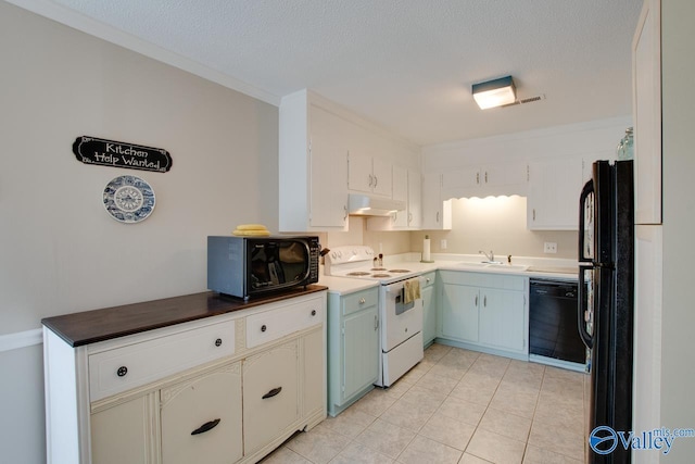 kitchen featuring a textured ceiling, sink, white cabinetry, and black appliances