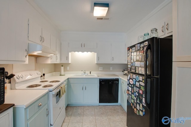 kitchen featuring black appliances, sink, crown molding, light tile patterned floors, and white cabinetry