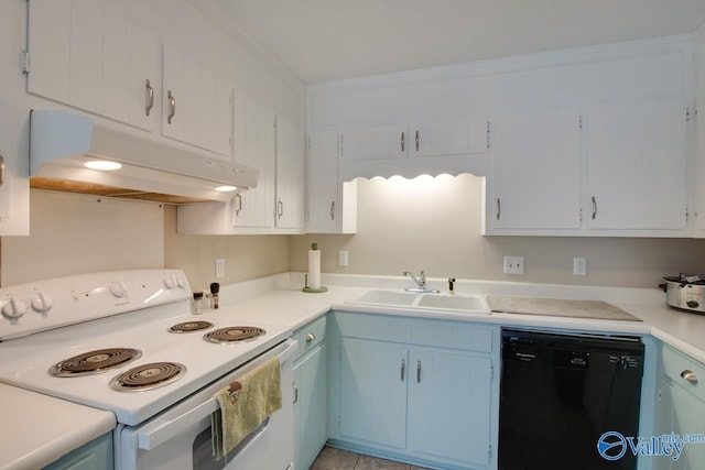 kitchen featuring sink, black dishwasher, blue cabinets, white electric stove, and crown molding