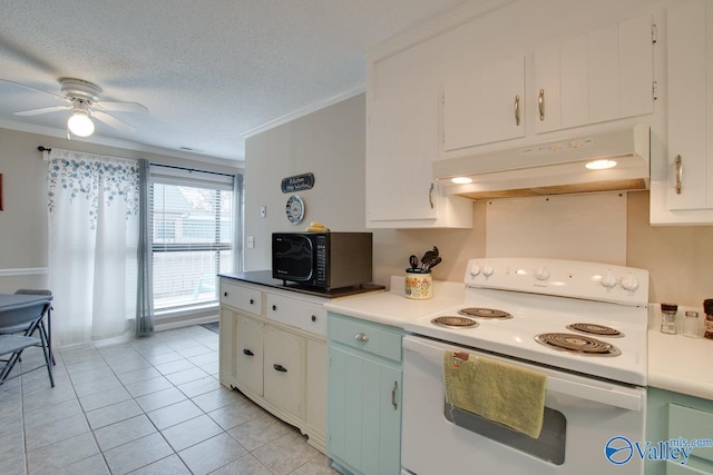 kitchen with electric stove, ceiling fan, white cabinets, and ornamental molding