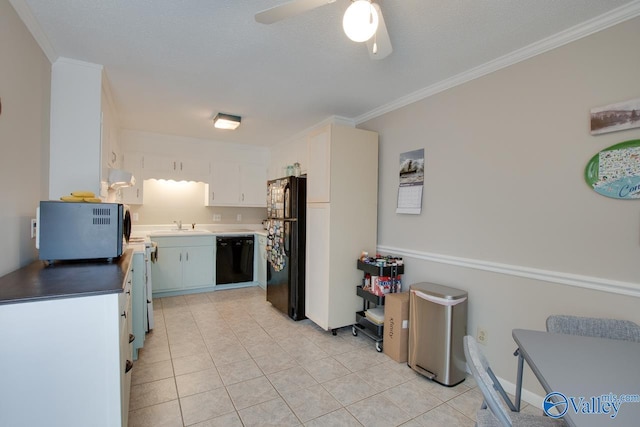 kitchen with ornamental molding, ceiling fan, black appliances, white cabinets, and light tile patterned flooring