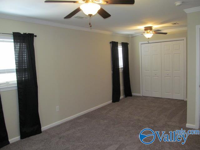 unfurnished bedroom featuring carpet floors, ceiling fan, and crown molding