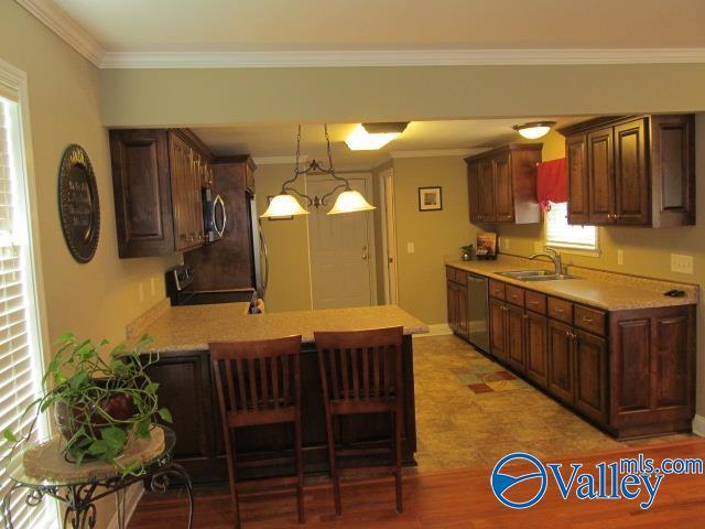 kitchen with appliances with stainless steel finishes, ornamental molding, sink, pendant lighting, and a chandelier