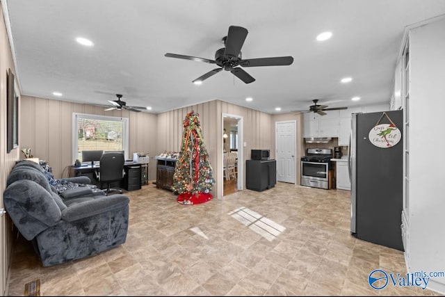 living room with ceiling fan