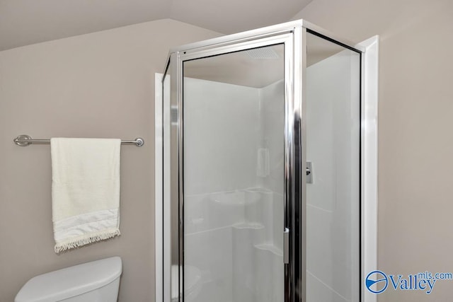 bathroom with lofted ceiling, an enclosed shower, and toilet