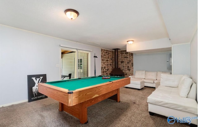 game room featuring carpet, a wood stove, billiards, and baseboards