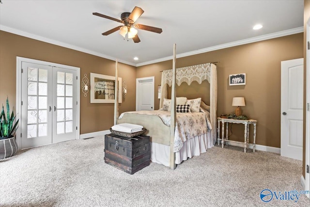 1081 County Road 190, Moulton, AL 35650 - bedroom featuring carpet floors, french doors, crown molding, baseboards, and recessed lighting