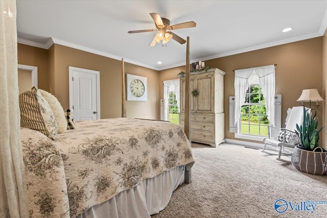 1081 County Road 190, Moulton, AL 35650 - bedroom with access to exterior, multiple windows, light colored carpet, ornamental molding, and recessed lighting