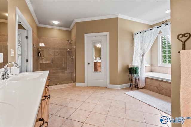 1081 County Road 190, Moulton, AL 35650 - full bath featuring vanity, tile patterned floors, a shower stall, ornamental molding, and tiled bath