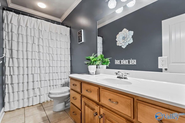 1081 County Road 190, Moulton, AL 35650 - bathroom with crown molding, tile patterned flooring, toilet, vanity, and a shower with curtain