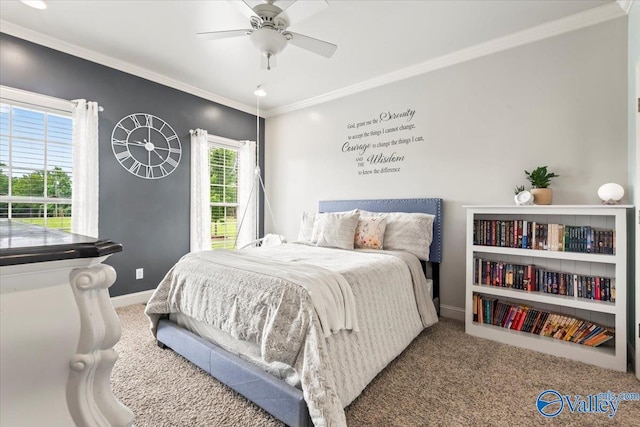 1081 County Road 190, Moulton, AL 35650 - bedroom featuring carpet flooring, baseboards, crown molding, and ceiling fan