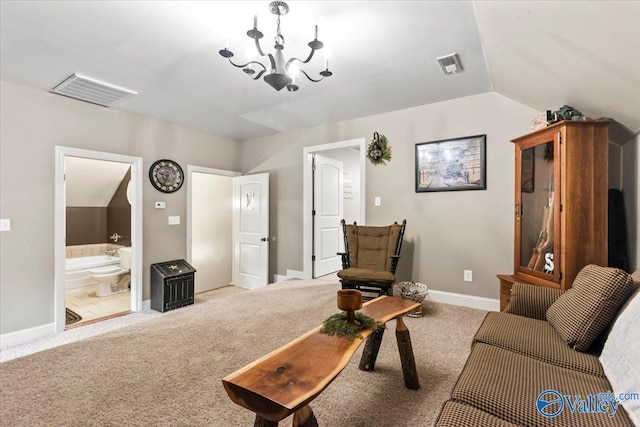 1081 County Road 190, Moulton, AL 35650 - living area featuring carpet flooring, baseboards, lofted ceiling, and a chandelier
