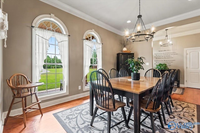 1081 County Road 190, Moulton, AL 35650 - dining room with a chandelier, ornamental molding, light wood-style floors, baseboards, and recessed lighting