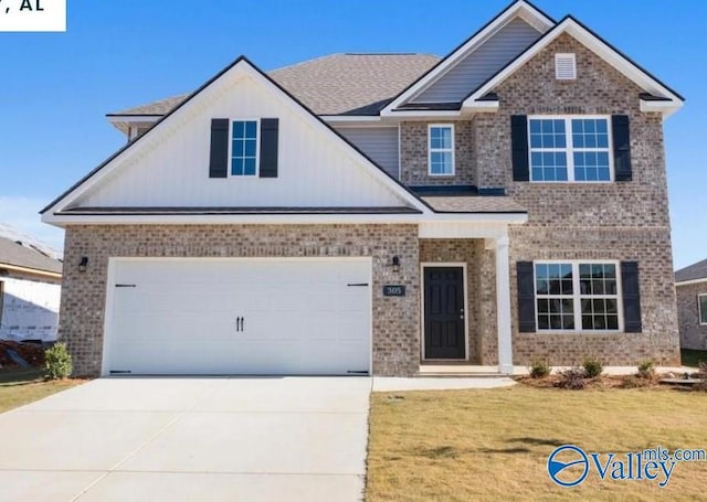 view of front of property featuring driveway, a garage, a front lawn, and brick siding