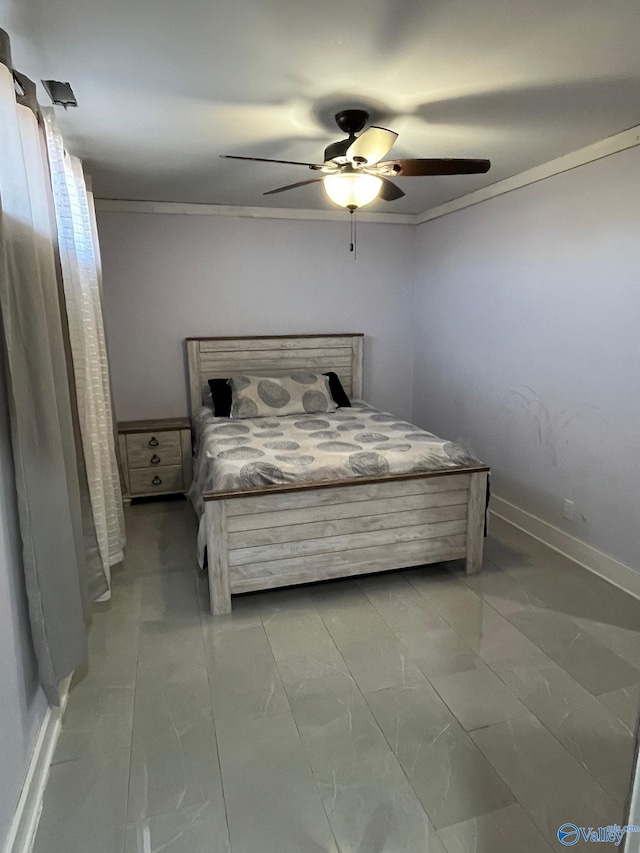 unfurnished bedroom featuring ceiling fan and ornamental molding