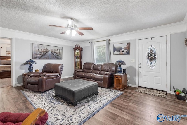 living room featuring ceiling fan, hardwood / wood-style flooring, and a textured ceiling