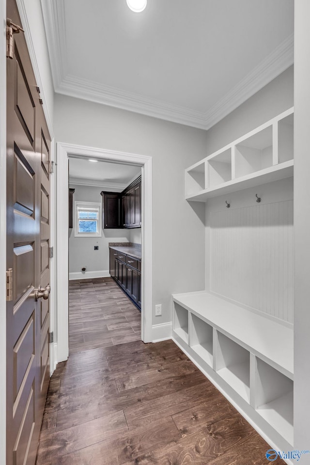 mudroom with dark wood-type flooring and ornamental molding