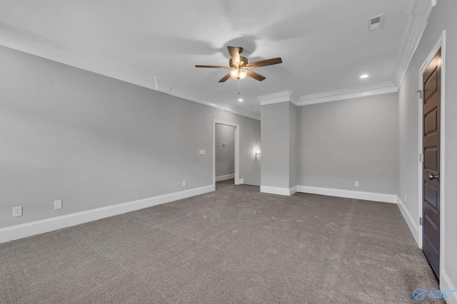 unfurnished room featuring crown molding, carpet, and ceiling fan