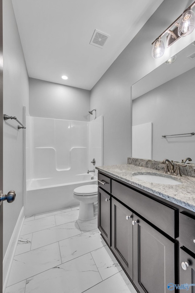 full bathroom featuring vanity, toilet, and bathing tub / shower combination