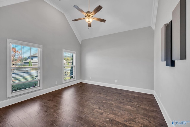 unfurnished room featuring dark wood-type flooring, vaulted ceiling, crown molding, and ceiling fan