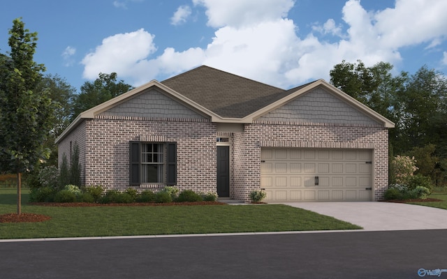 single story home featuring driveway, a front yard, brick siding, and a garage