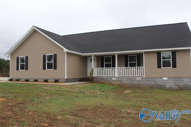 view of front of house with crawl space, a front lawn, a porch, and roof with shingles