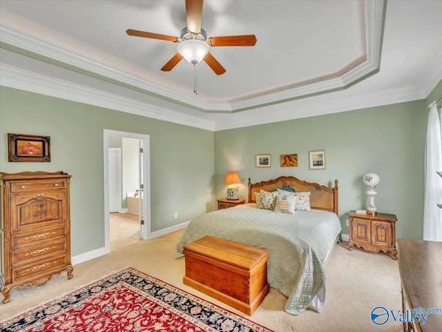 7515 Park Trace Ln SE, Owens Cross Roads, AL 35763 - bedroom featuring light colored carpet, a tray ceiling, ornamental molding, and ceiling fan