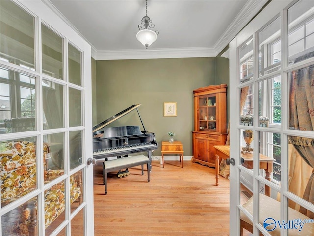 7515 Park Trace Ln SE, Owens Cross Roads, AL 35763 - living area featuring healthy amount of natural light, ornamental molding, light wood-type flooring, and french doors