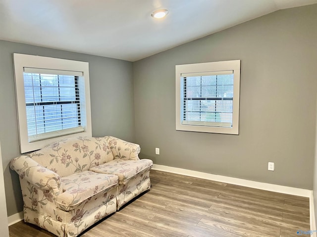 living area featuring hardwood / wood-style flooring and lofted ceiling
