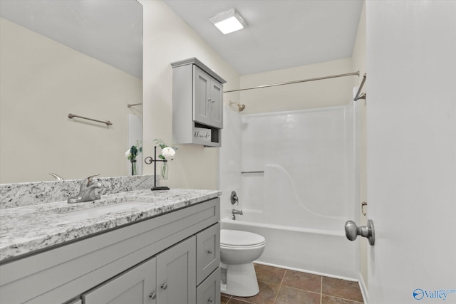 bathroom with shower / washtub combination, tile patterned flooring, vanity, and toilet