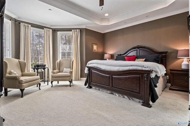 3602 Beason Cove Rd, Steele, AL 35987 - bedroom featuring ornamental molding, ceiling fan, a tray ceiling, recessed lighting, and light colored carpet