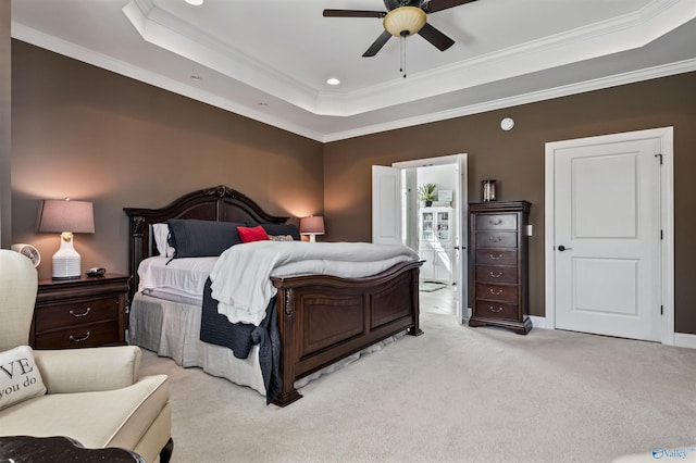 3602 Beason Cove Rd, Steele, AL 35987 - bedroom featuring ornamental molding, a tray ceiling, ceiling fan, and light carpet