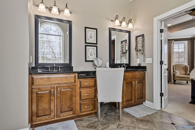 3602 Beason Cove Rd, Steele, AL 35987 - bathroom featuring baseboards, a sink, ornamental molding, two vanities, and tile patterned flooring