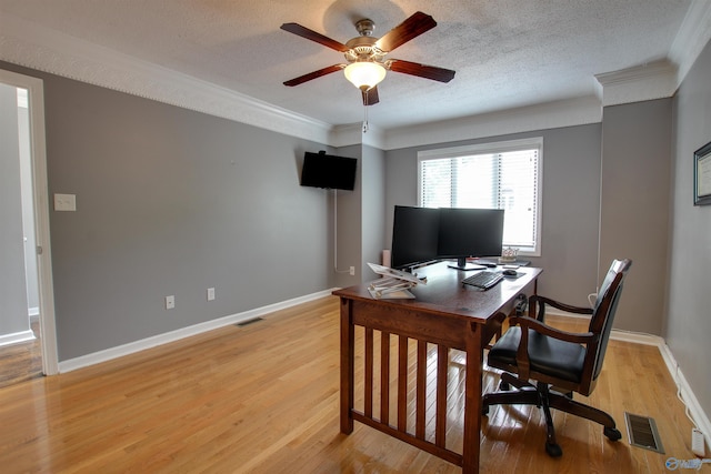 213 Knollridge Cir, Huntsville, AL 35801 - office area featuring ornamental molding, a ceiling fan, light wood-style floors, a textured ceiling, and baseboards
